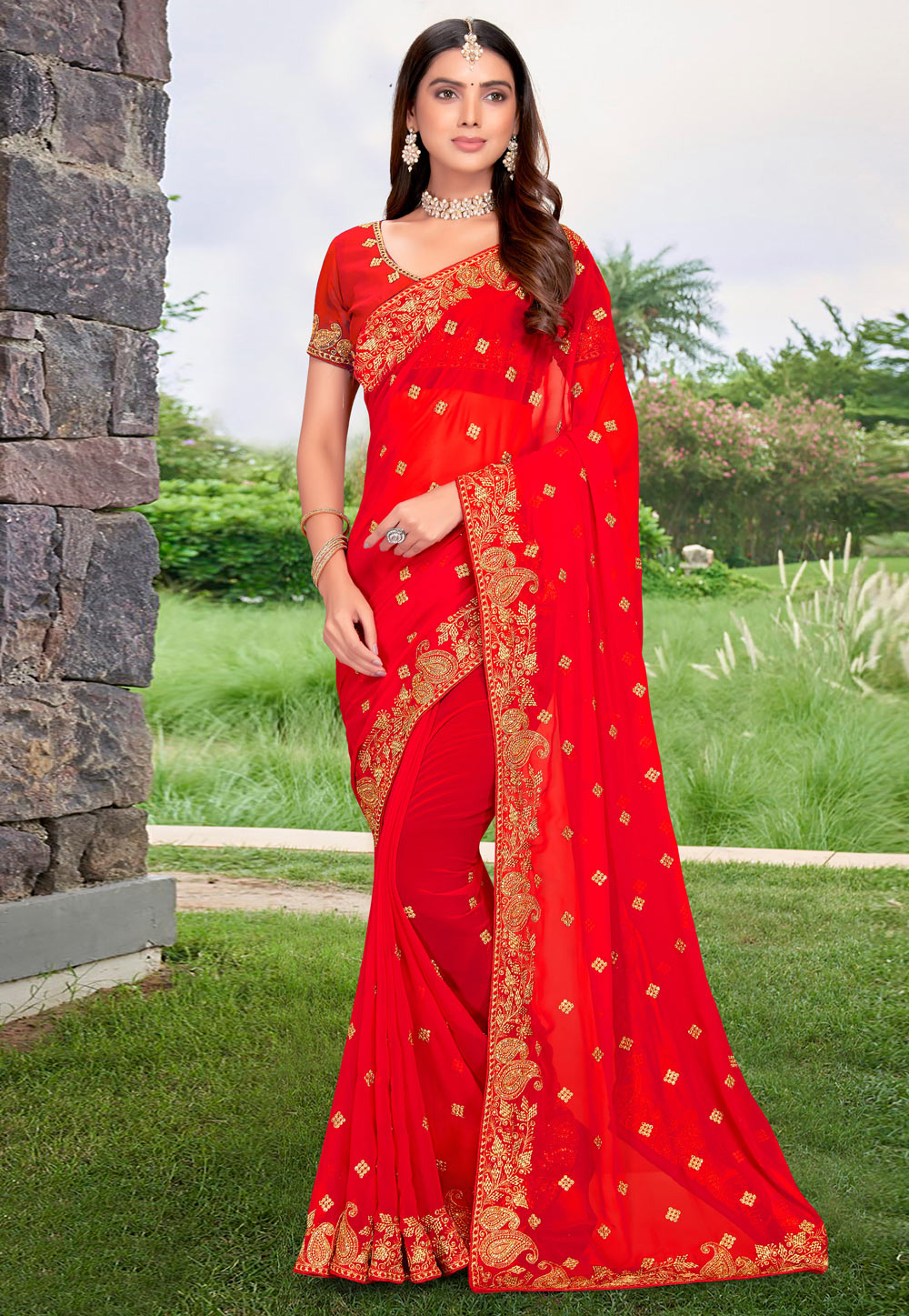 Red Georgette Saree With Blouse 255585