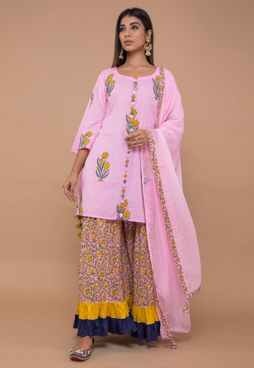 Pink Cotton Readymade Sharara Suit 195297