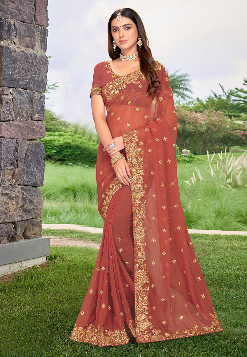 Peach Georgette Saree With Blouse 255586