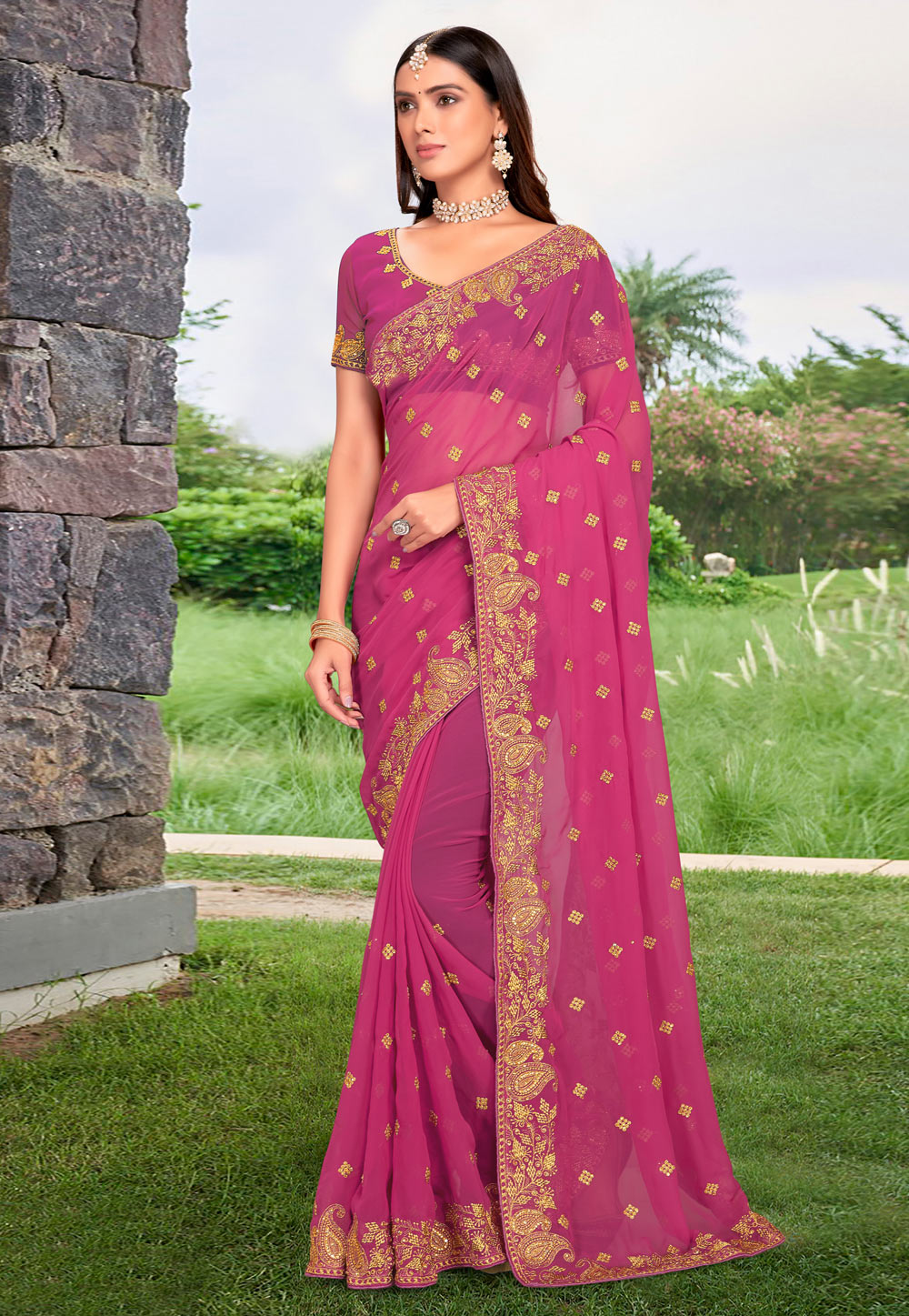 Pink Georgette Saree With Blouse 255587