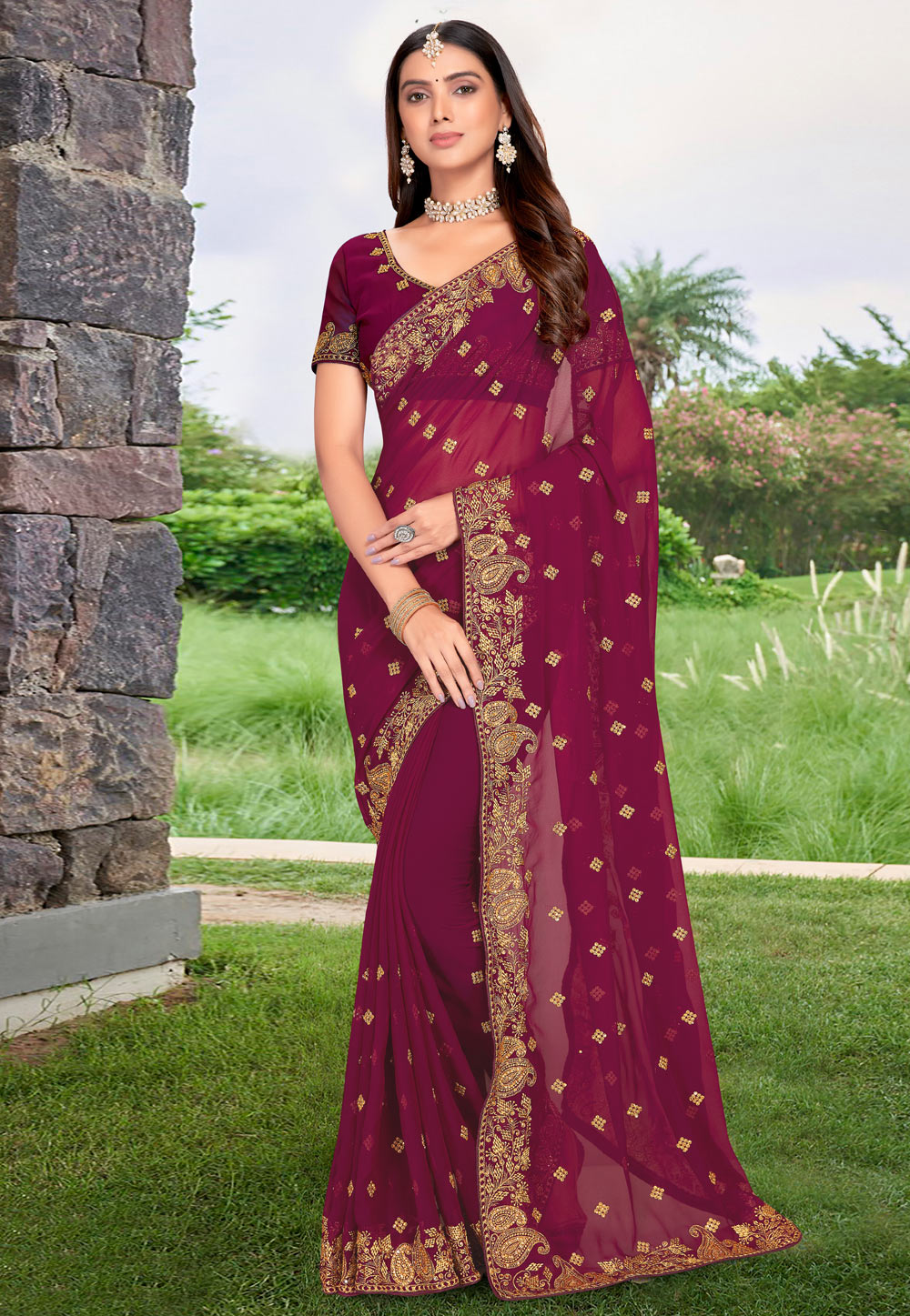 Wine Georgette Saree With Blouse 255591