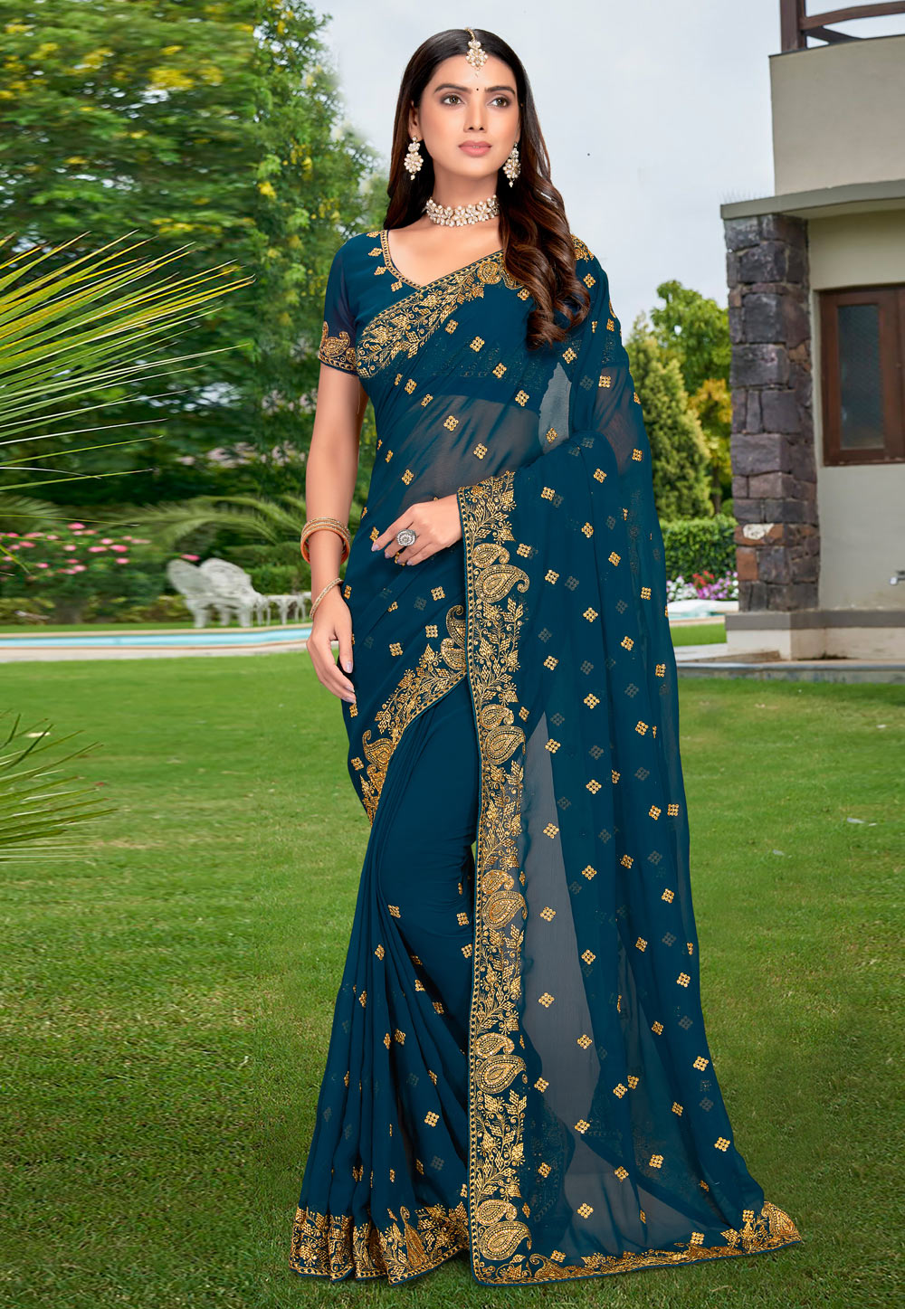 Teal Georgette Saree With Blouse 255592