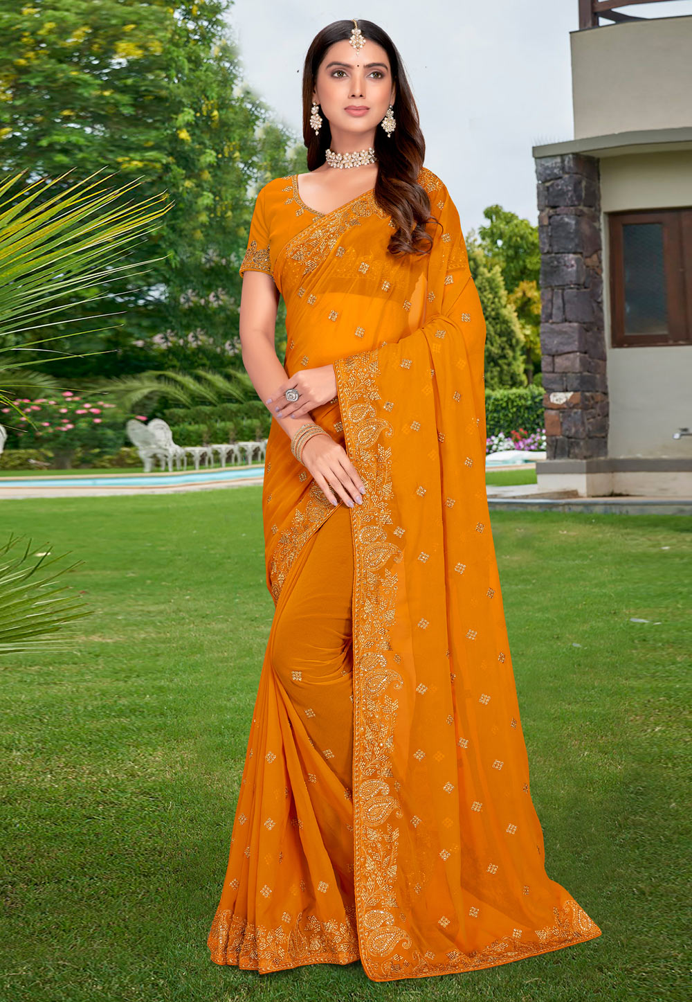 Mustard Georgette Saree With Blouse 255593