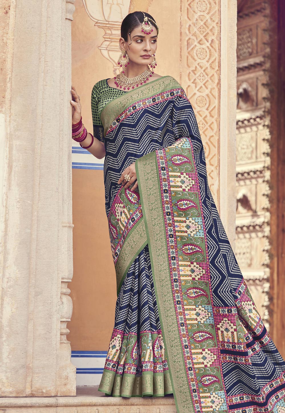 Navy Blue Patola Silk Saree With Blouse 265509