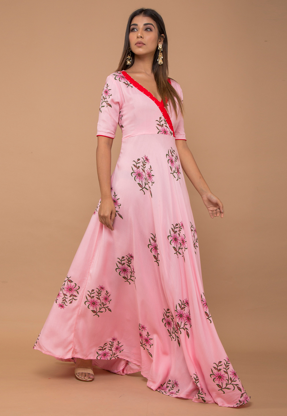 Pink Rayon Readymade Party Wear Gown 195299