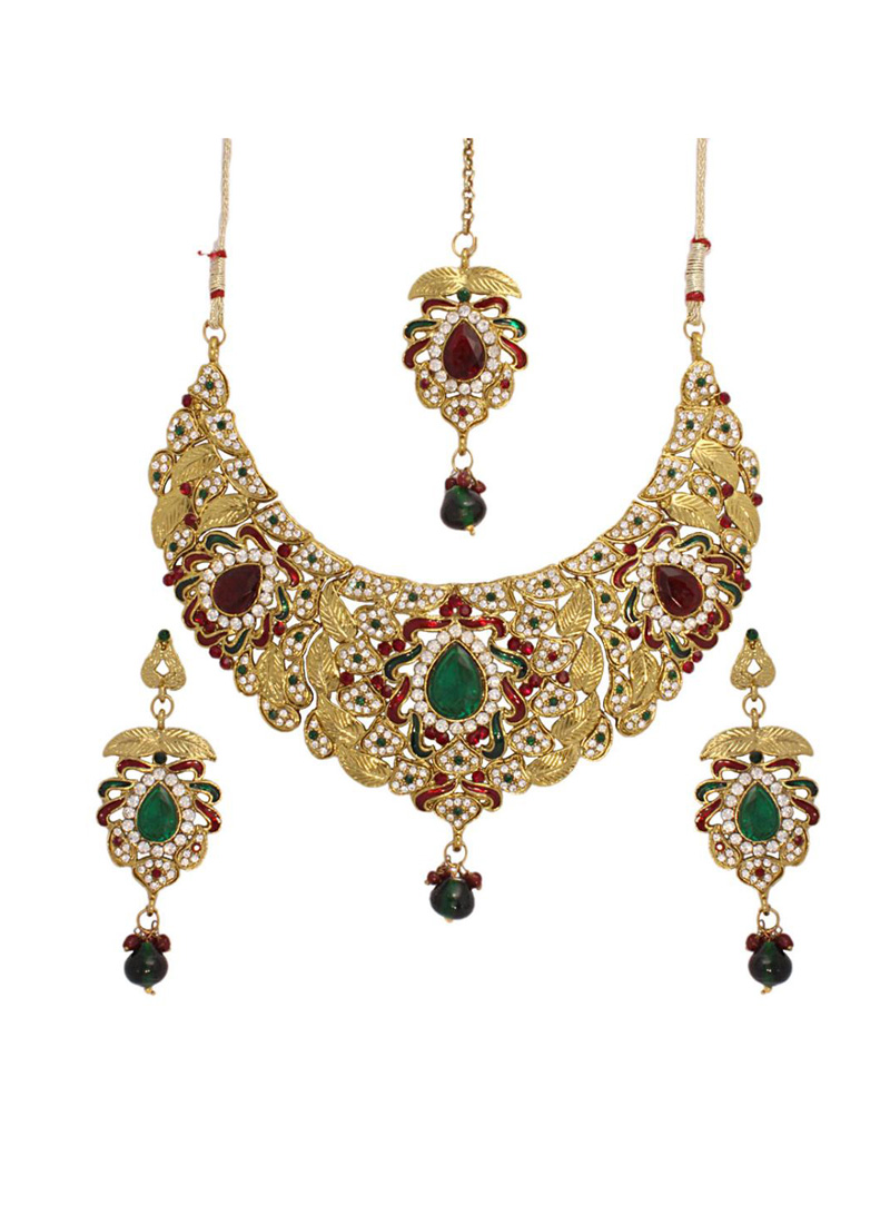 Green and Maroon Bridal Necklace Set with Earring and Mang Tikka 24035