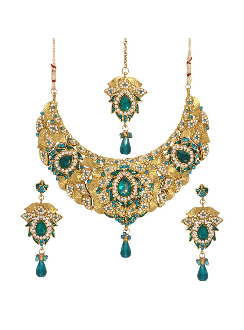 Teal Blue Wedding Necklace Set with Earring and Mang Tikka 24037