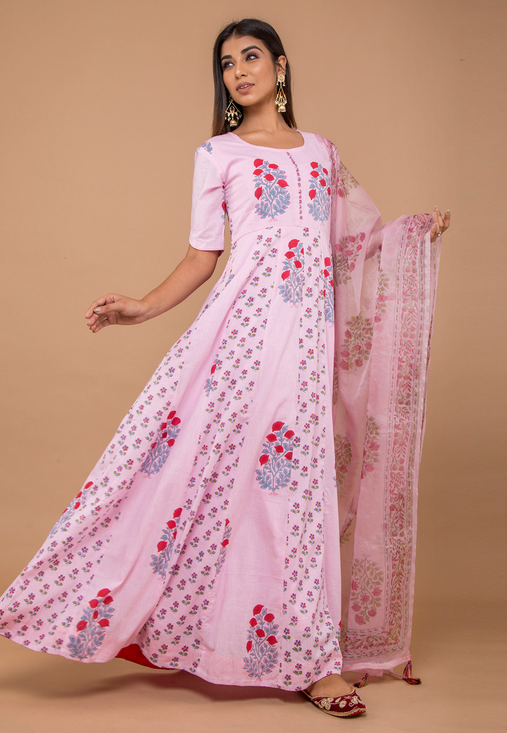 Pink Cotton Readymade Long Anarkali Suit 195300