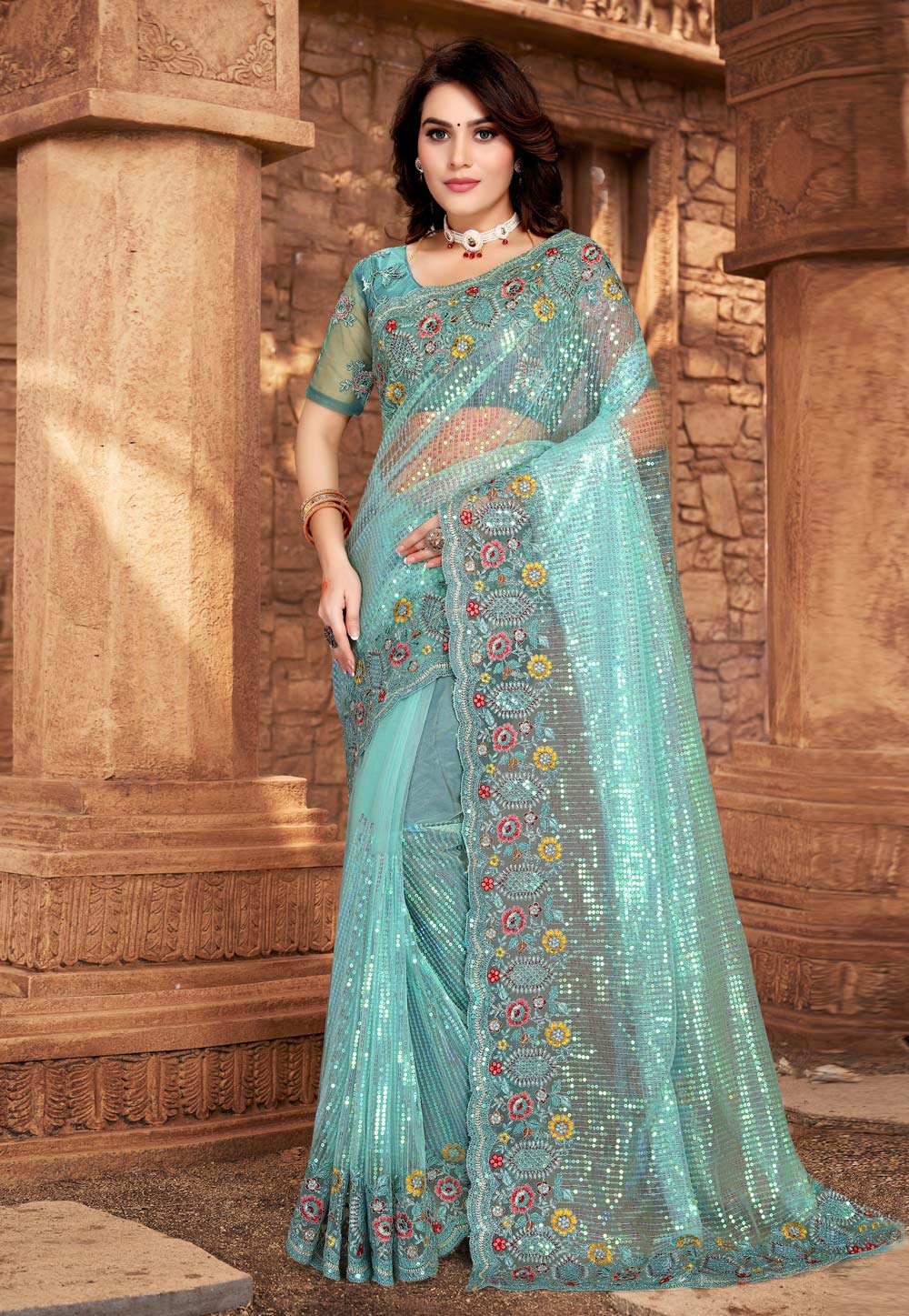 Sea Green Net Saree With Blouse 256137