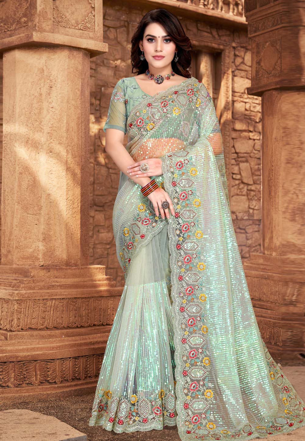 Pista Green Net Saree With Blouse 256141