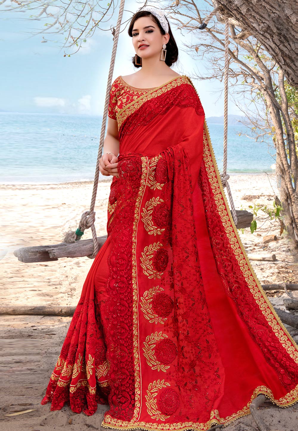 Red Barfi Silk Saree With Blouse 231882