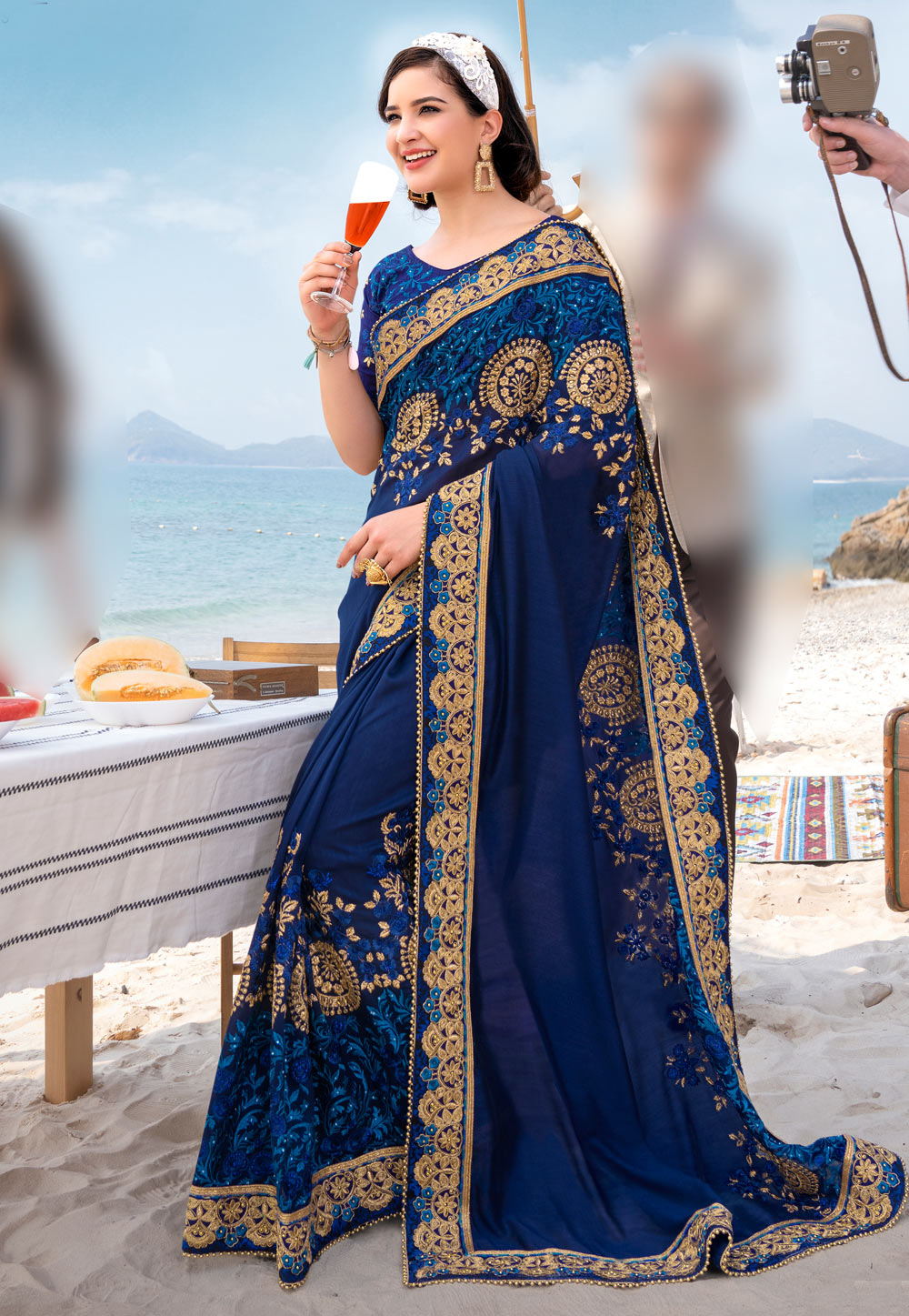 Navy Blue Barfi Silk Saree With Blouse 231888