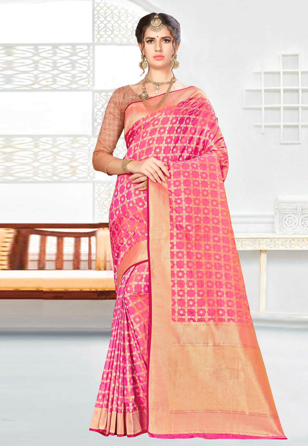 Pink Banarasi Silk Festival Wear Saree 176510