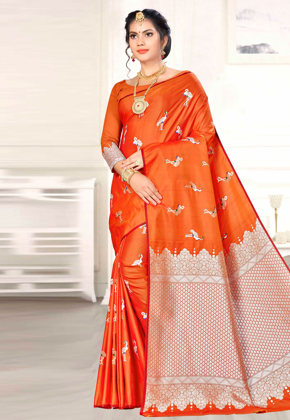 Orange Banarasi Silk Saree With Blouse 176488