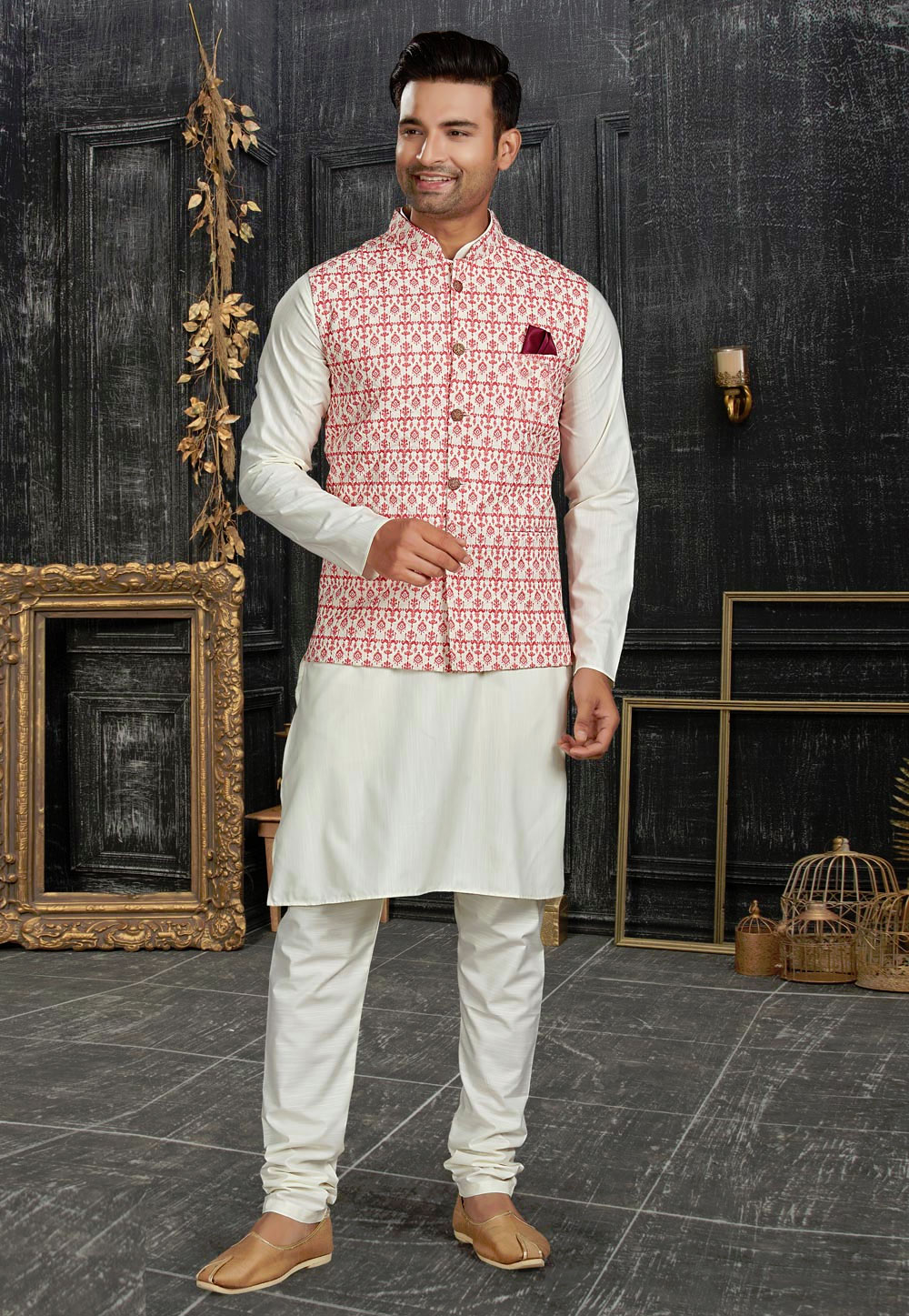 Off White Cotton Kurta Pajama With Jacket 257402