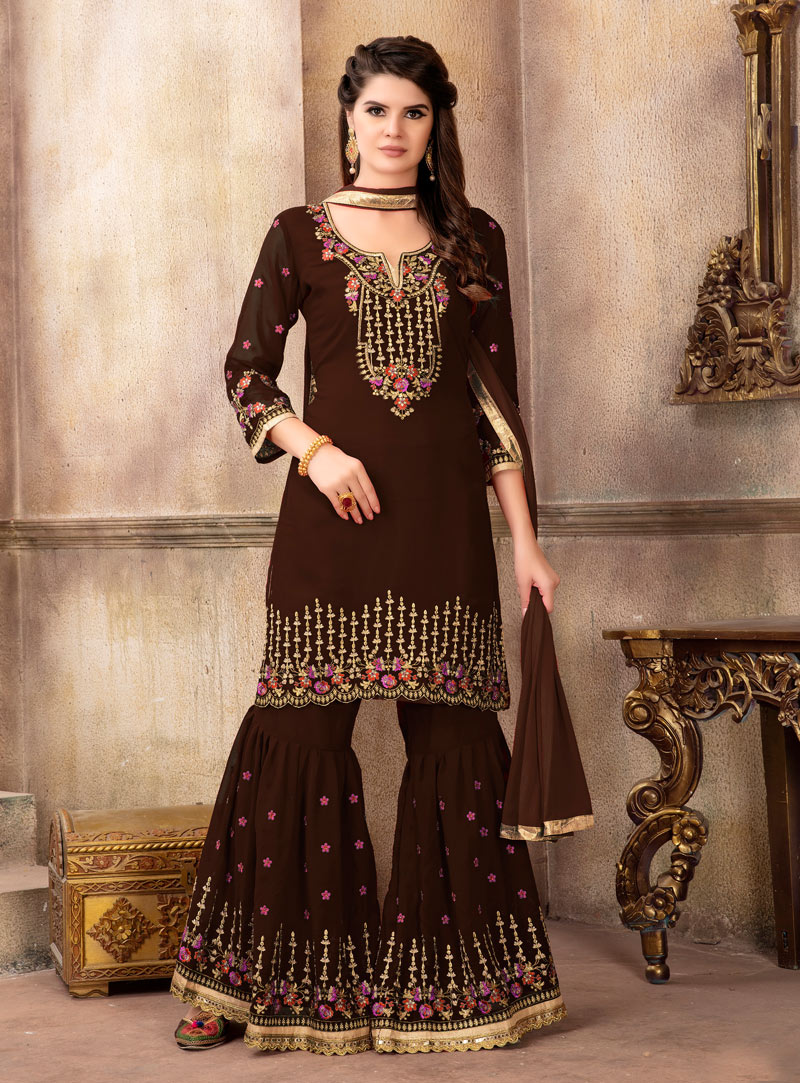 Brown Faux Georgette Sharara Style Suit 143540