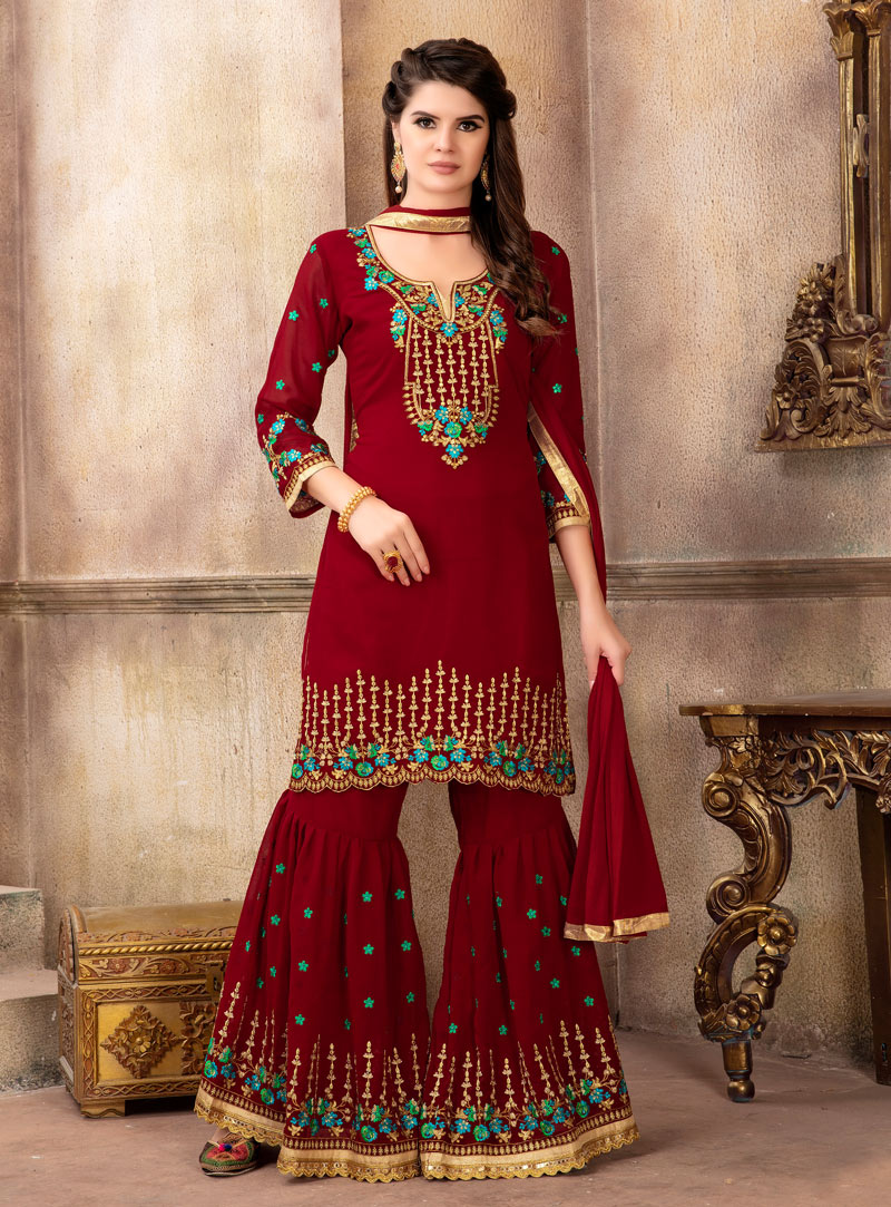 Maroon Faux Georgette Sharara Style Suit 143542