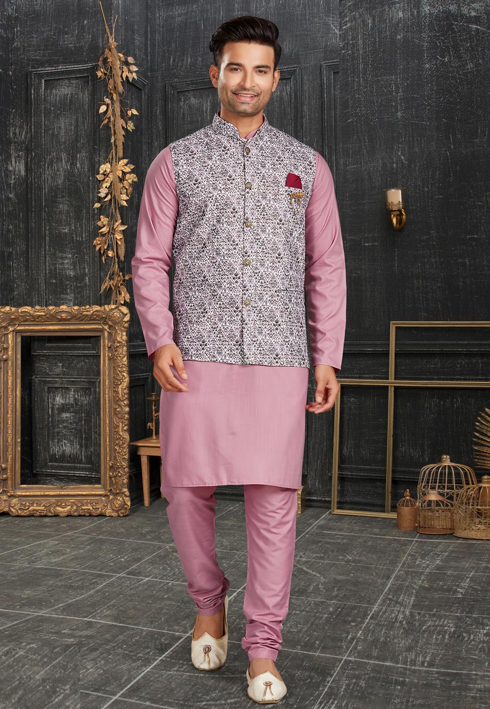Pink Cotton Kurta Pajama With Jacket 257407