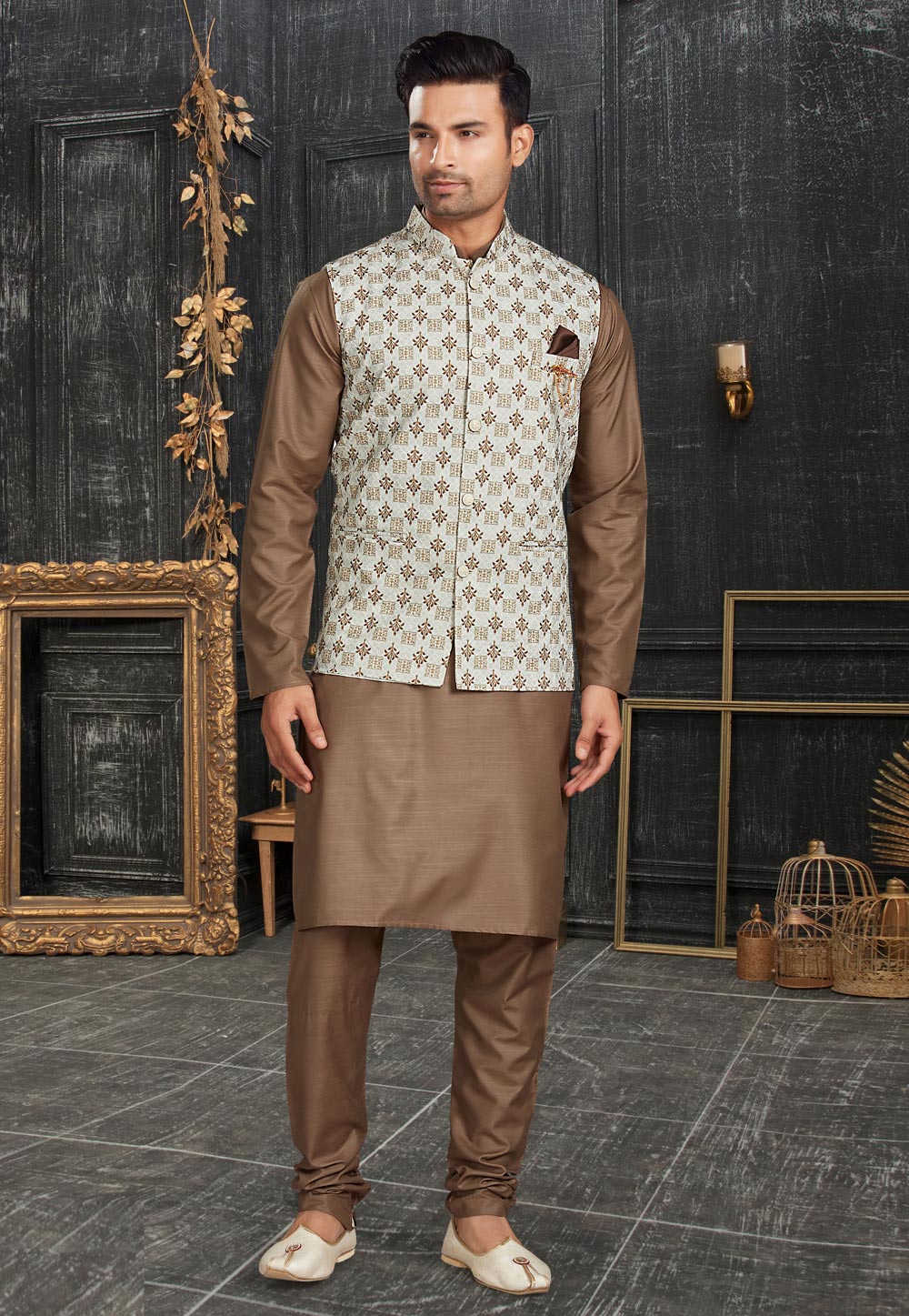 Brown Cotton Kurta Pajama With Jacket 257411