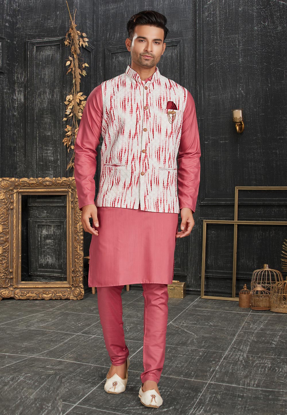Pink Cotton Kurta Pajama With Jacket 257412