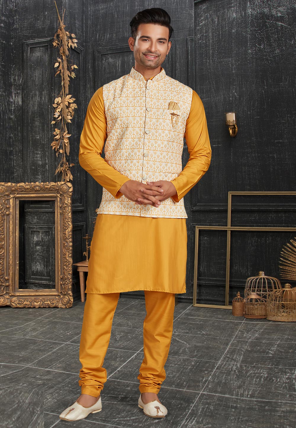 Orange Cotton Kurta Pajama With Jacket 257413