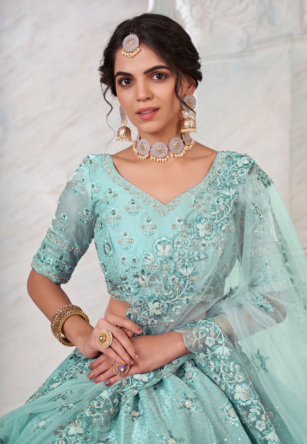 Jewellery with blue on sale lehenga