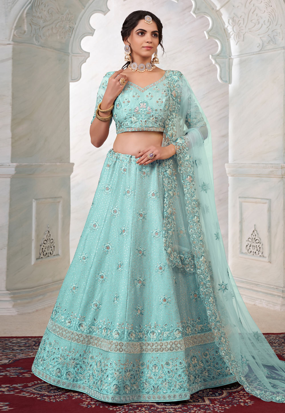 Odette Semi-Stitched : Buy Odette Light Blue Embroidered Georgette Semi  Stitched Lehenga with Unstitched Blouse (Set of 3) Online | Nykaa Fashion
