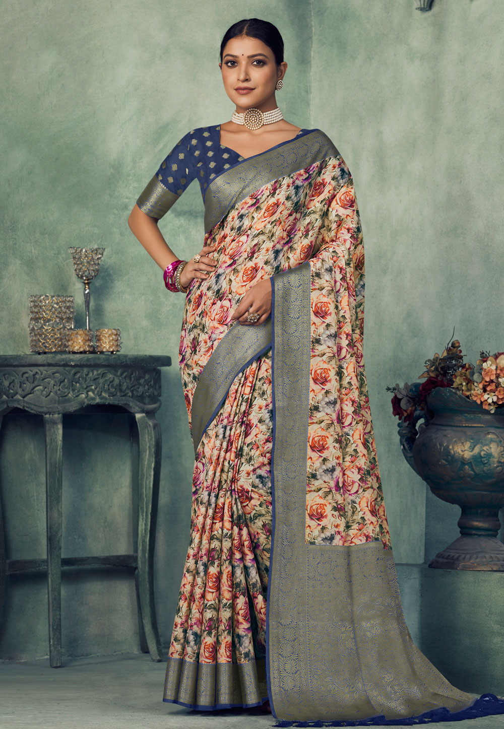 Cream Tissue Silk Saree With Blouse 270830