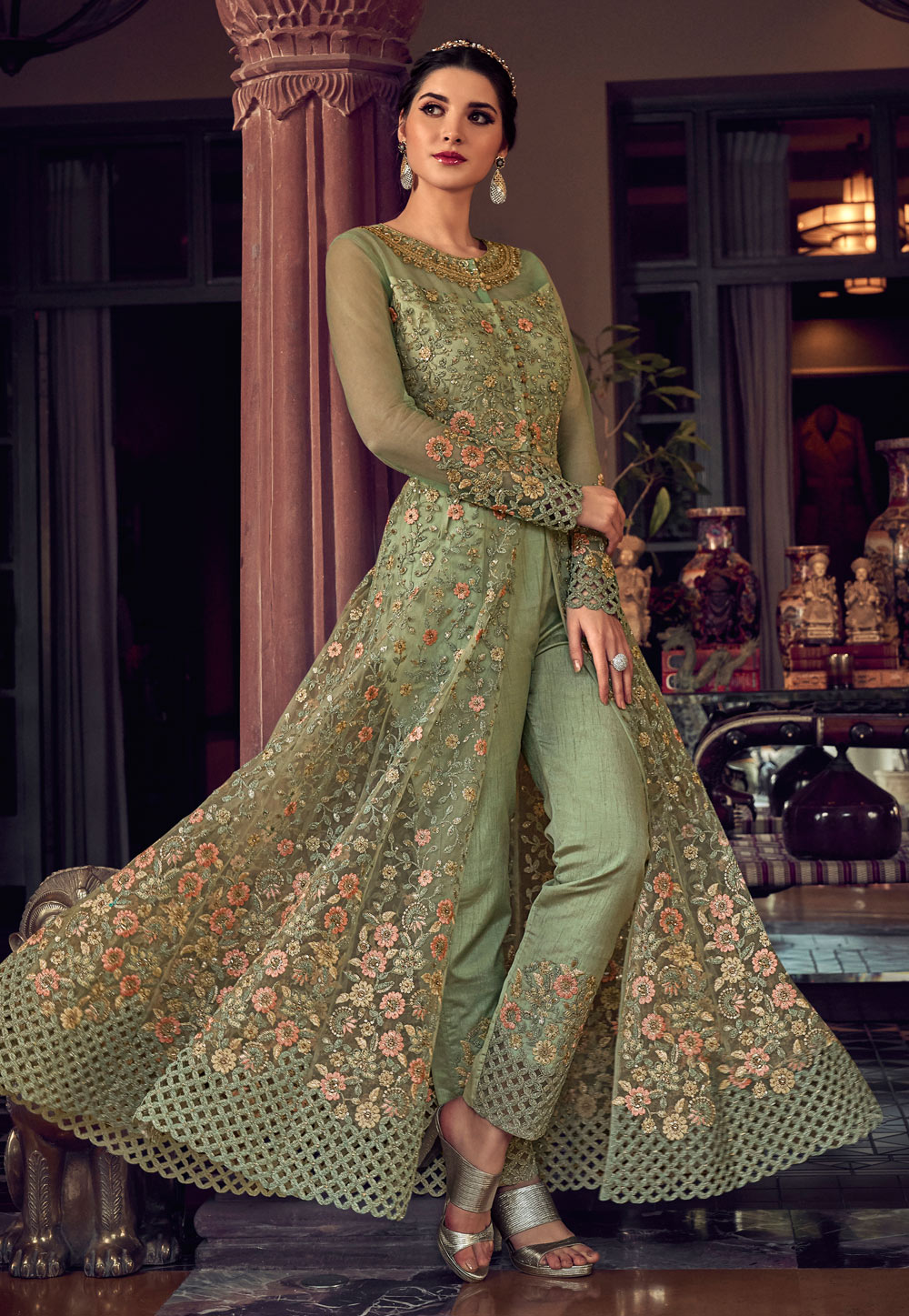 Light Green Net Embroidered Pant Style Suit 221368