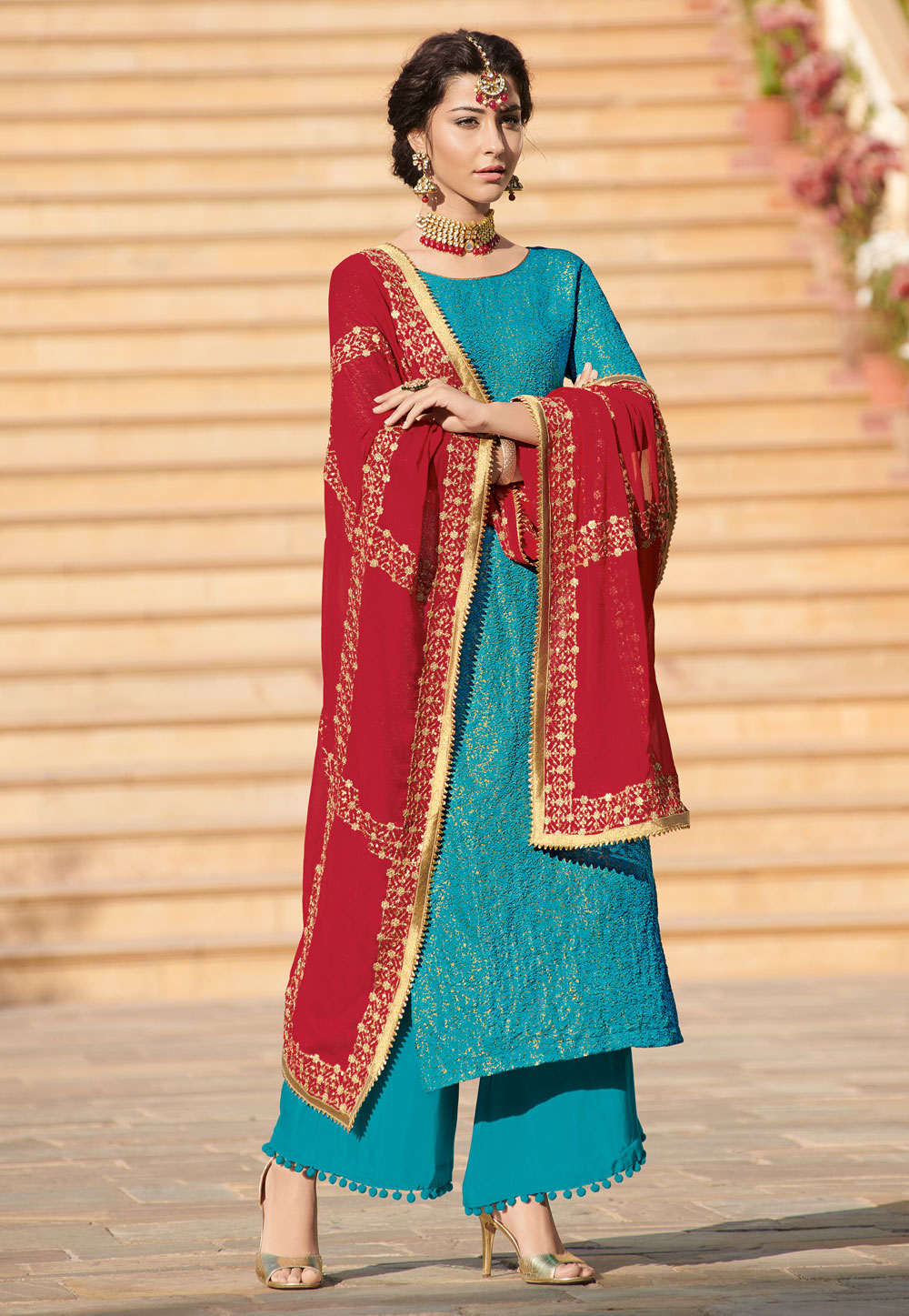Turquoise Blue Brocade Palazzo Suit 160420