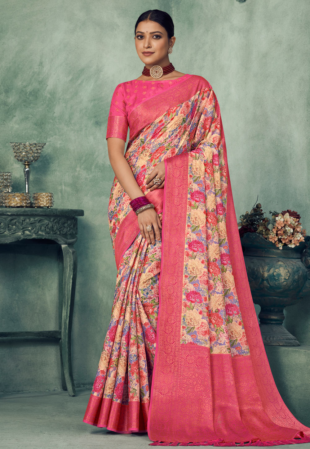 Pink Tissue Silk Saree With Blouse 270832