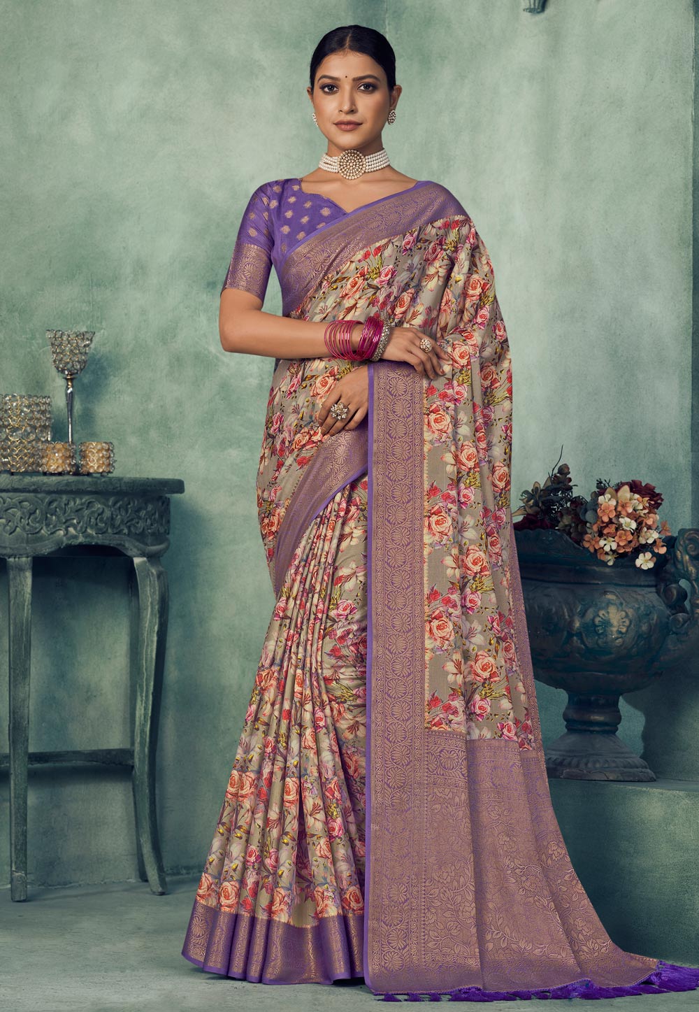 Grey Tissue Silk Saree With Blouse 270834
