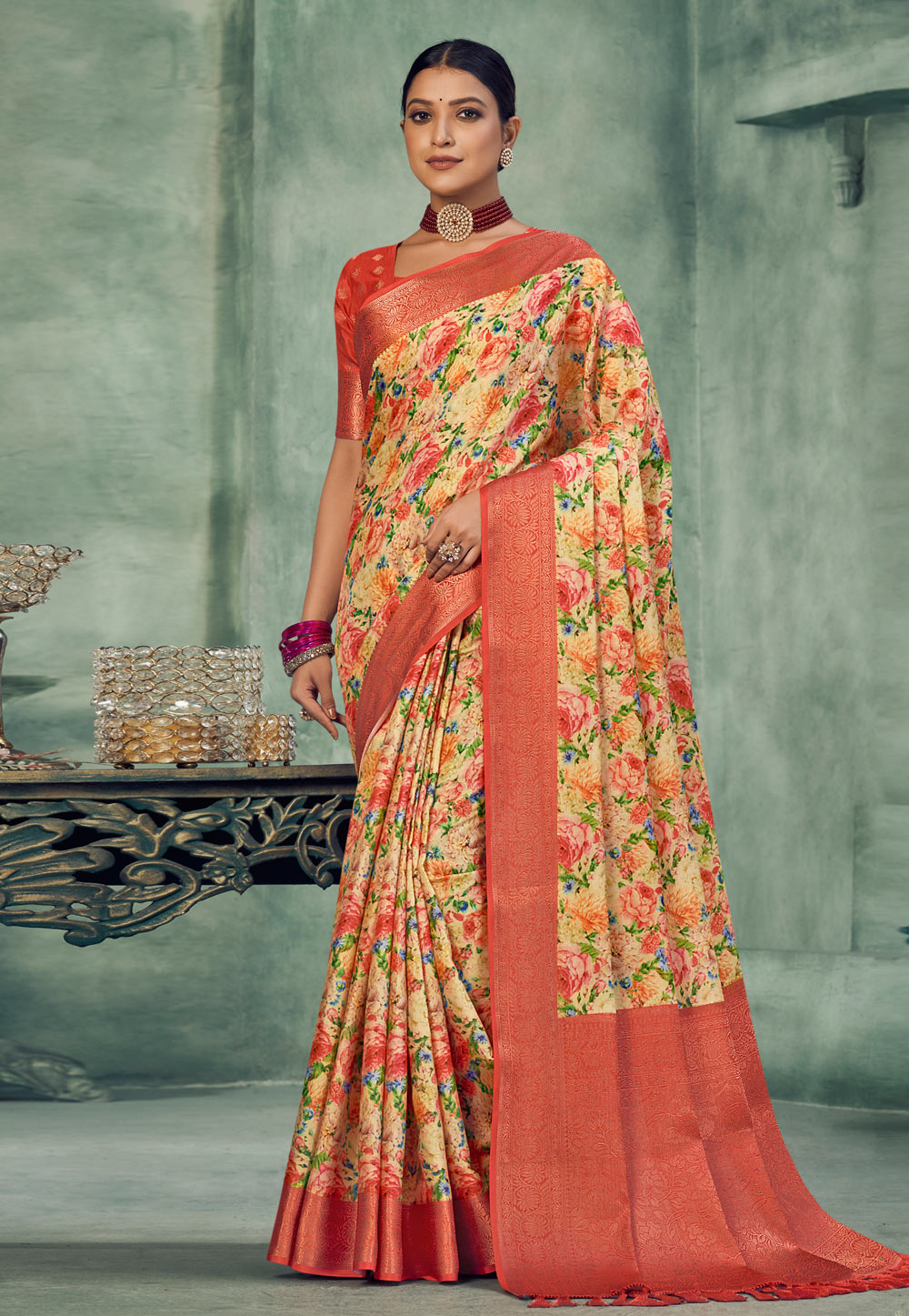 Light Yellow Tissue Silk Saree With Blouse 270835