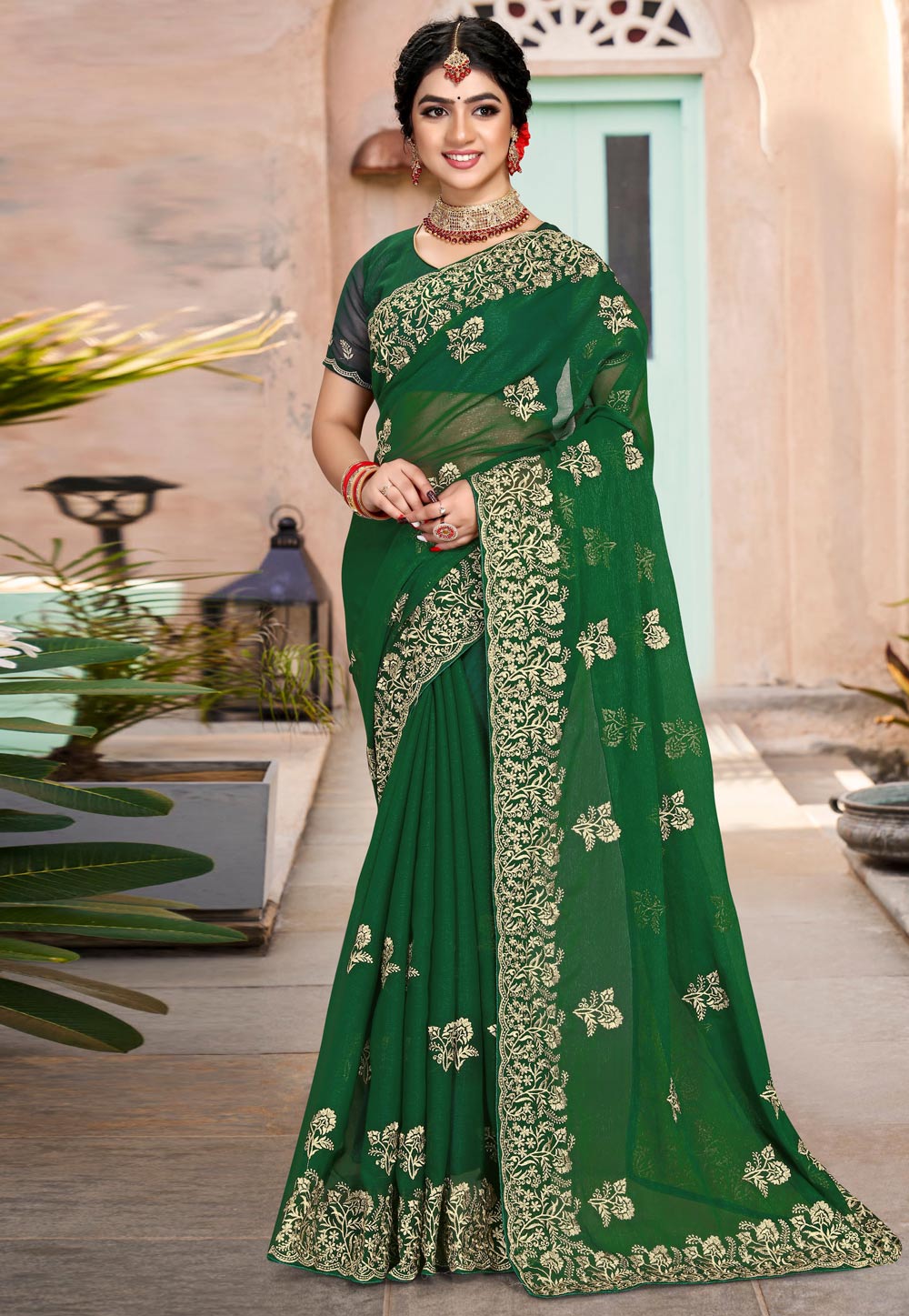 Green Silk Saree With Blouse 258388