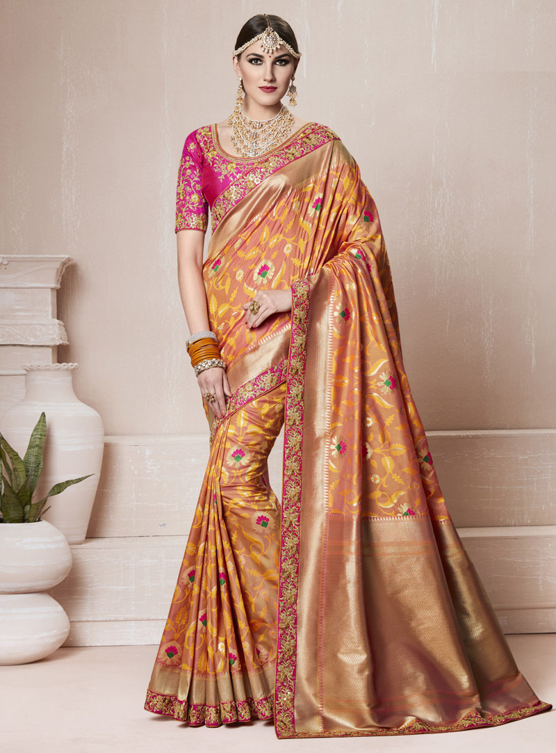 Orange Banarasi Silk Saree With Heavy Blouse 126876