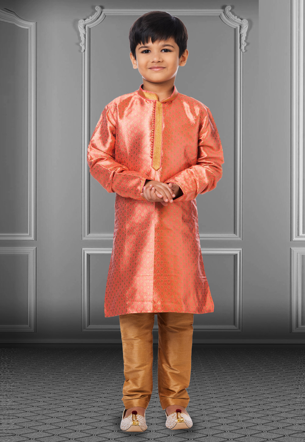 Orange Jacquard Silk Readymade Kids Kurta Pajama 250823