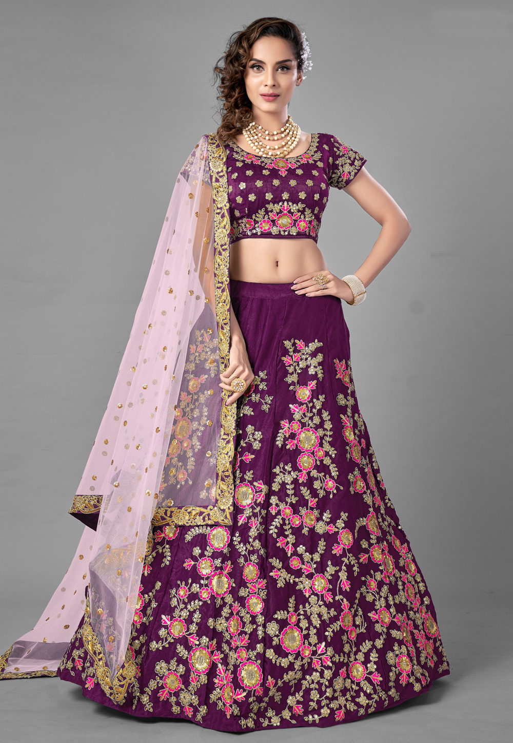 Purple Satin Sequins Work Lehenga Choli 224377