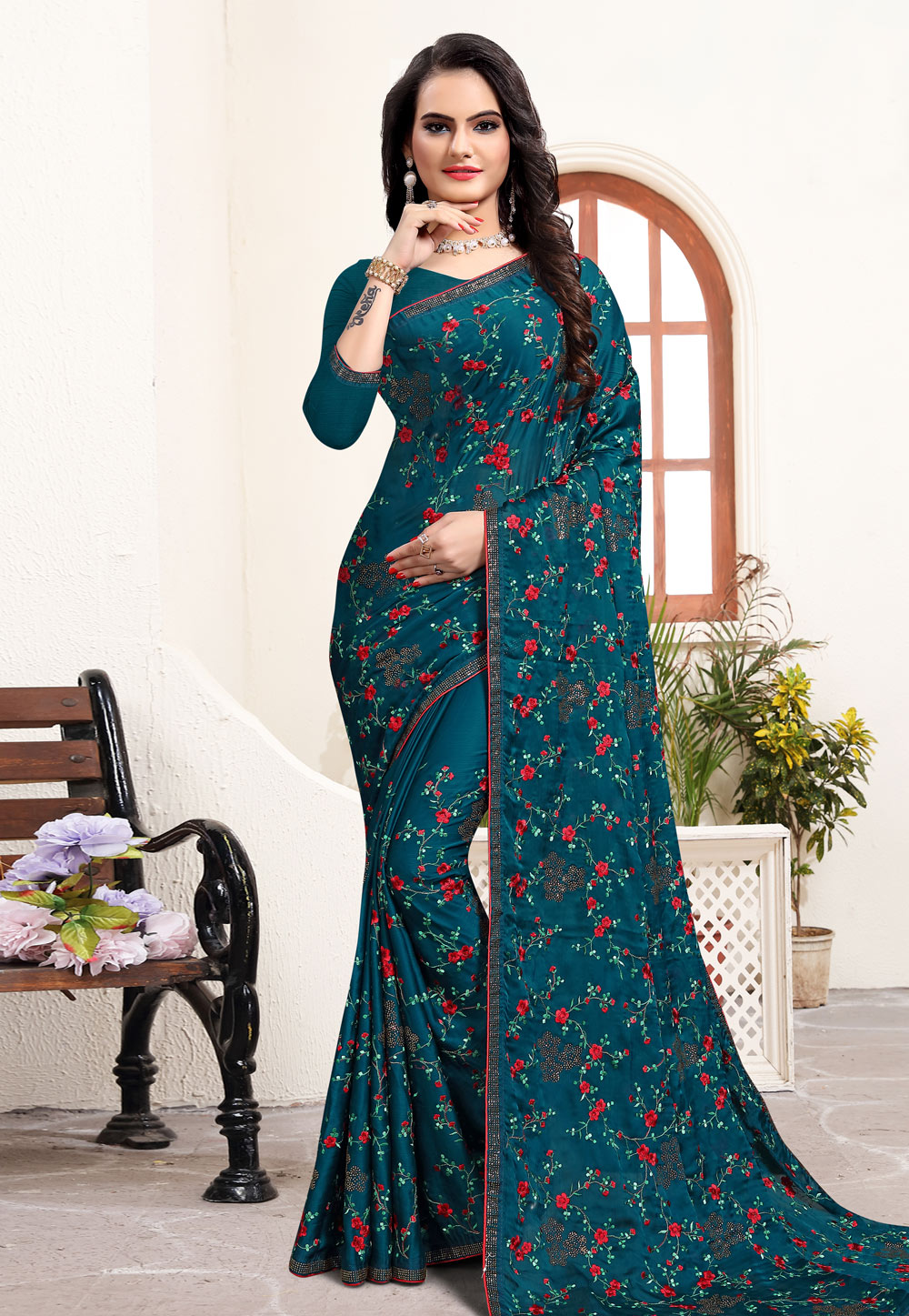 Blue Satin Silk Saree With Blouse 208163