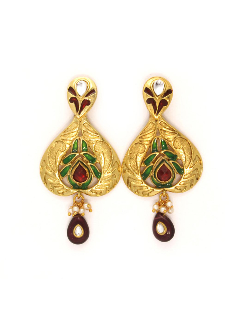 Golden and Marron Meenakari Leaf Style Earrings 26739