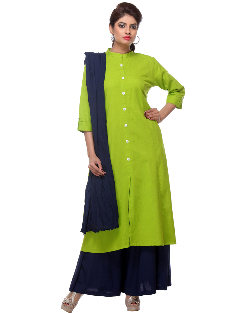 Light Green Cotton Readymade Palazzo Style Suit 106008