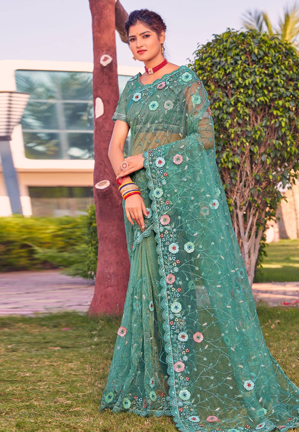 Sea Green Net Saree With Blouse 258698