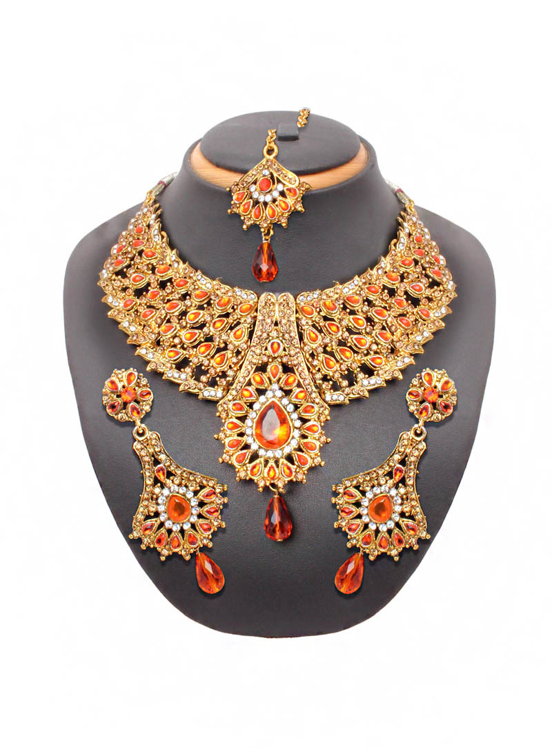 Orange Alloy Austrian Diamonds Necklace With Earrings and Maang Tikka 64535