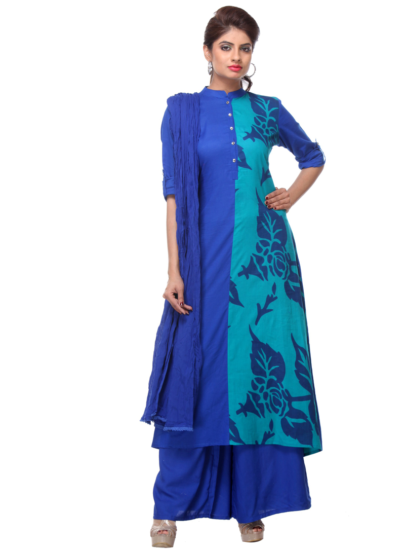 Blue Cotton Readymade Palazzo Style Suit 106009