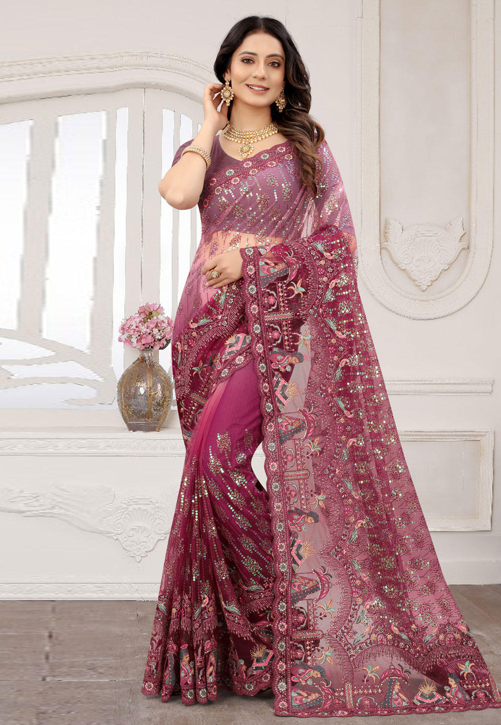 Magenta Net Saree With Blouse 259059