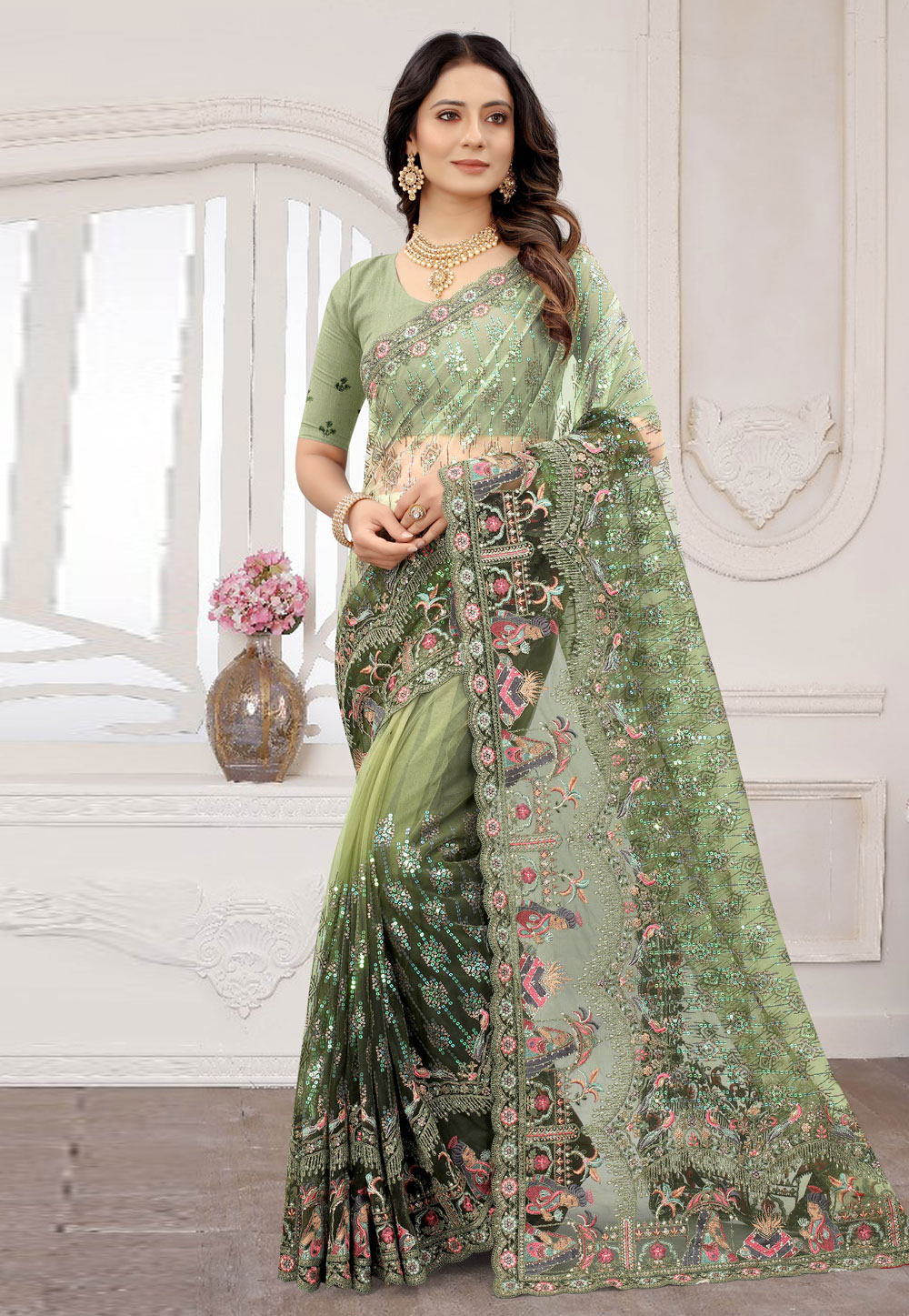 Pista Green Net Saree With Blouse 259061