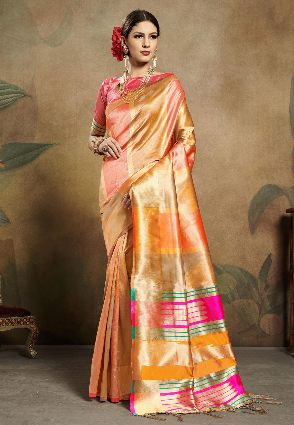 Orange Banarasi Silk Saree With Blouse 176850
