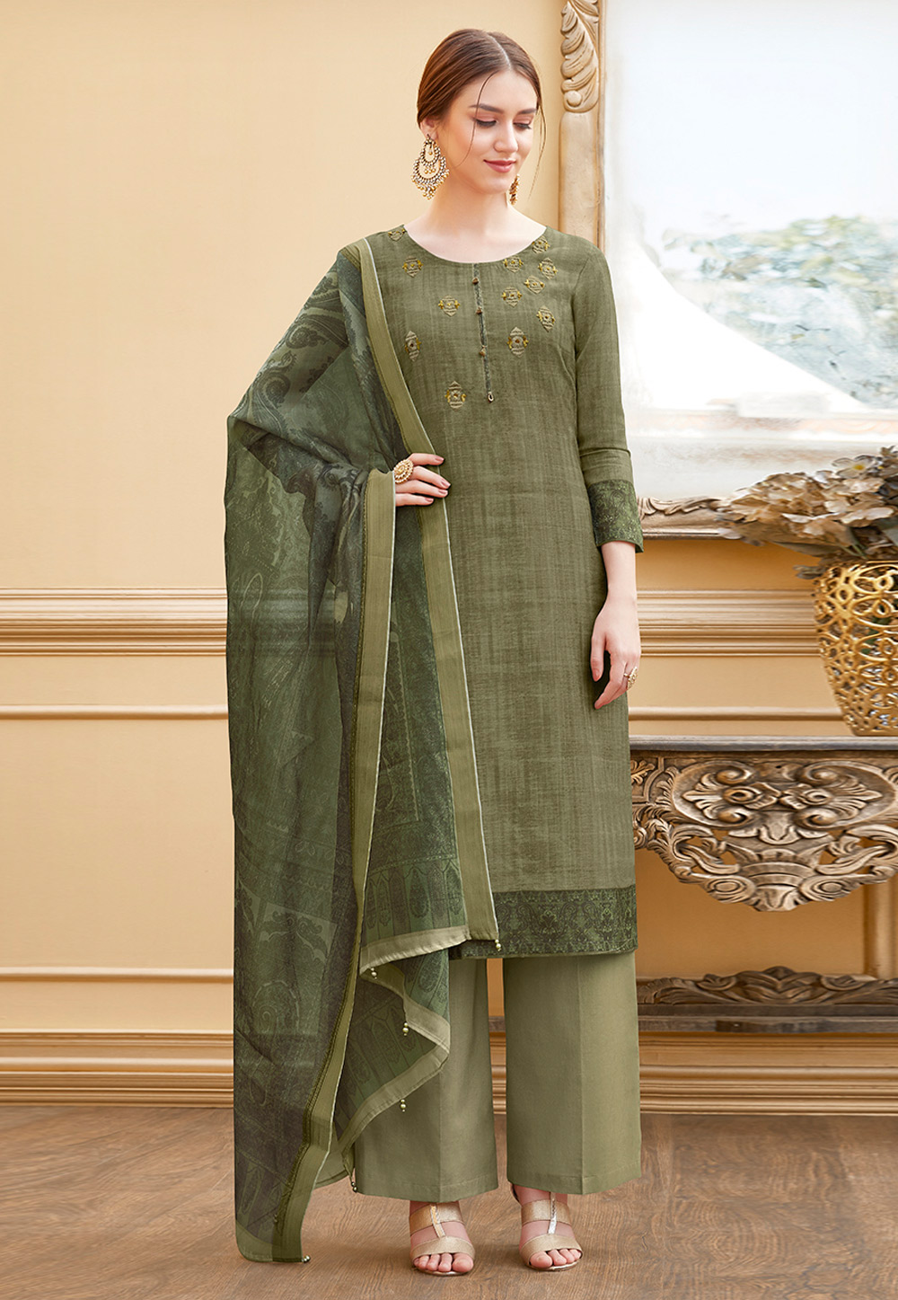 Olive Green Silk Palazzo Suit 167811