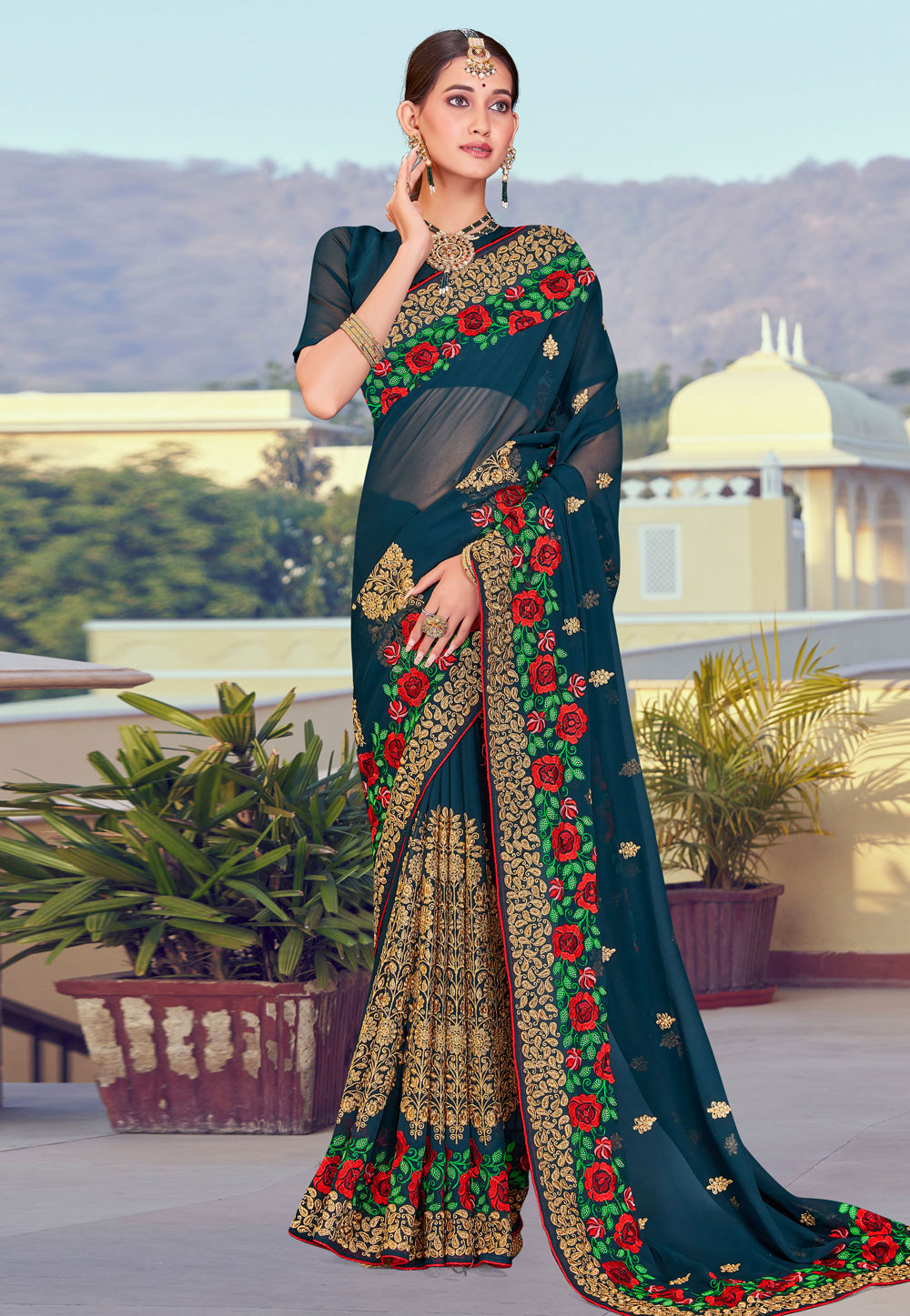 Teal Georgette Saree With Blouse 261742