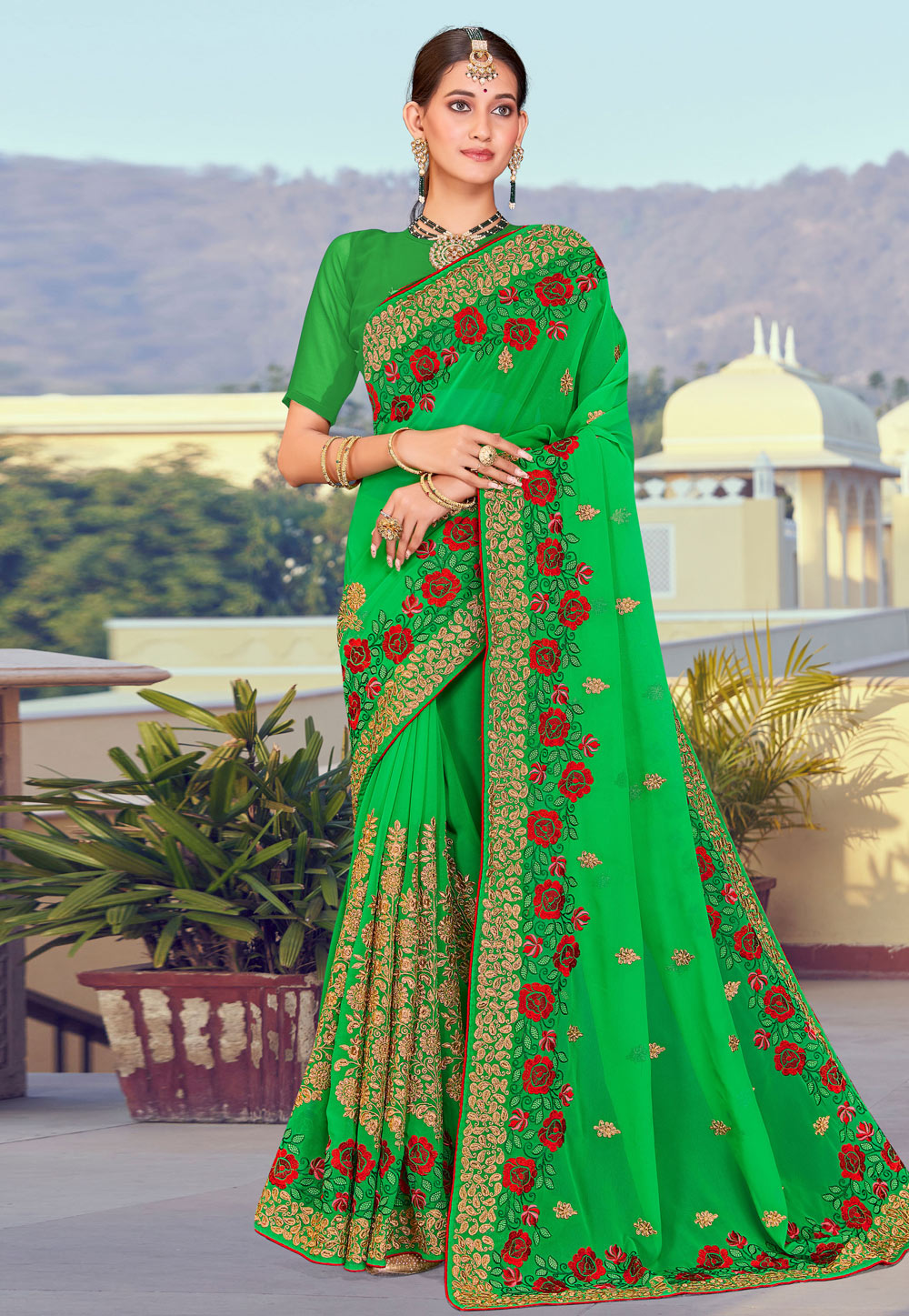 Green Georgette Saree With Blouse 261745