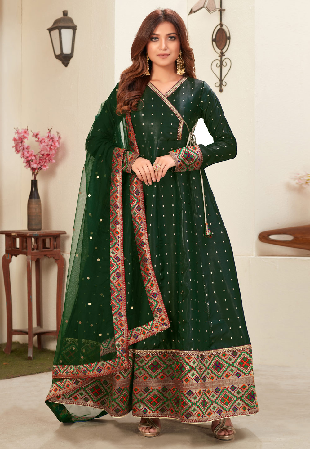 Green Taffeta Abaya Style Anarkali Suit 223909